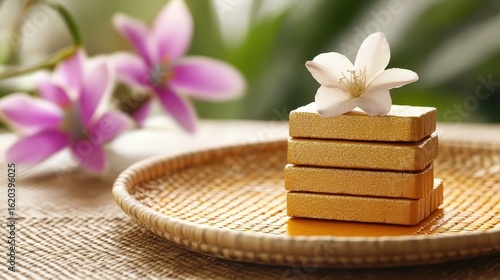 Elegant Arrangement of Golden Blocks with White Flower and Orchid