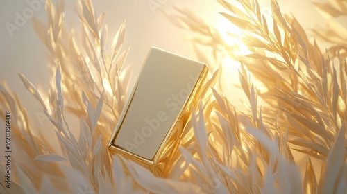 Elegant Gold Rectangle on Soft Cream Leaves with Warm Glowing Light