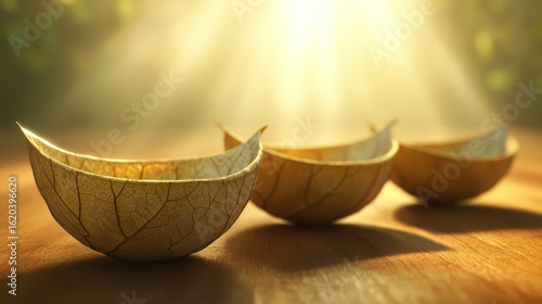 Elegant Natural Bowls on Wooden Table with Soft Light Background