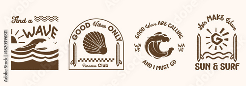 Retro surf  club badge collection with ocean waves, tropical sun. Vintage vector emblems for t-shirt prints, beachwear design, summer logos, and coastal branding projects