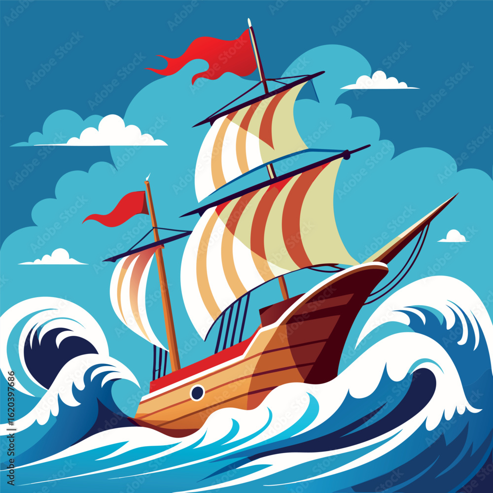 Naklejka premium Sail ship riding a high wave