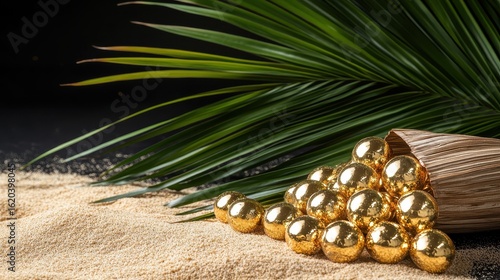 Glimmering Gold Balls Poured from Cone on Sandy Surface with Leaves