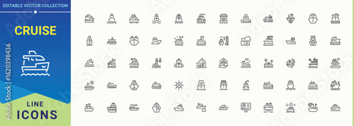 Cruise line icon set. It contains symbols to transport, vacation, yacht, nautical, ship, boat, travel and more. Boat icon set. Thin web icons. Art and illustration.