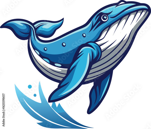 Majestic blue whale leaping from ocean waves