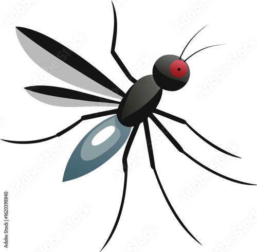 Illustration of a black mosquito with red eyes and translucent wings
