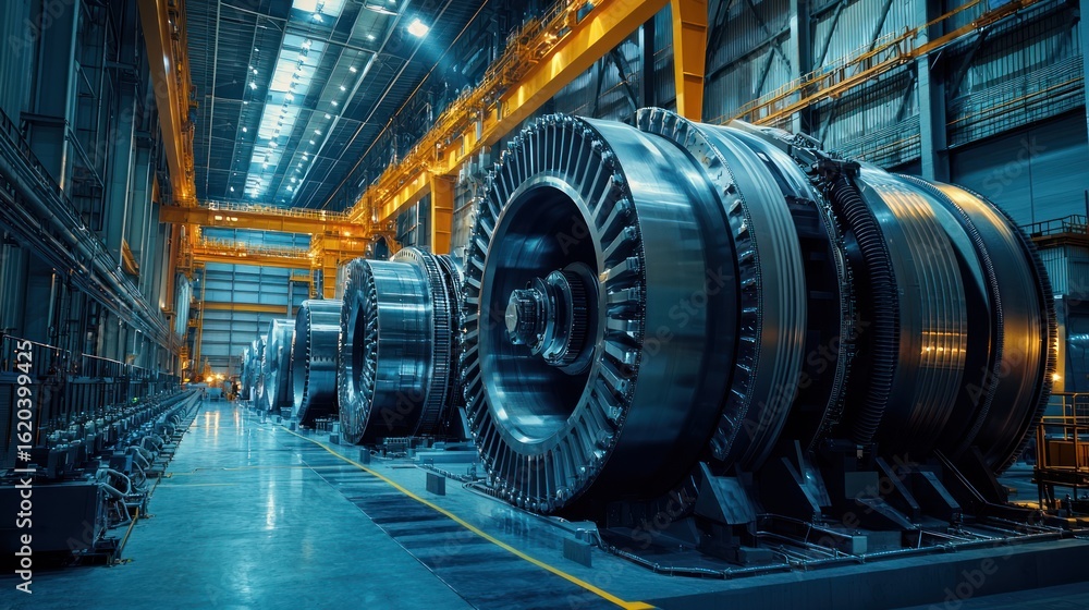 Obraz premium Massive turbine generators spinning at a hydroelectric dam facility.