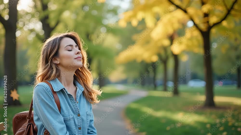 Rhinitis concept , Woman park surrounded by autumn foliage, holding note, experiences tranquility while sneezing amidst natures Rhinitis concept , Woman park surrounded by autumn foliage, holding note, experiences tranquility while sneezing amidst natures