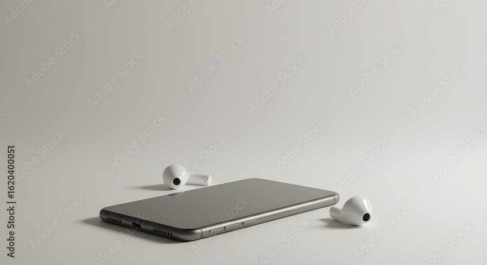 Minimalist view of a smartphone and wireless earbuds on a clean surface, modern technology concept, sleek and simple composition. Minimalist view of a smartphone and wireless earbuds on a clean surface, modern technology concept, sleek and simple composition.