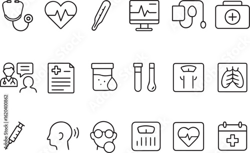 Health Checkup Line Icons Set – Doctor, Heart, Report, Medical Test, Stethoscope, Scan – No Text Outline Vector Icons