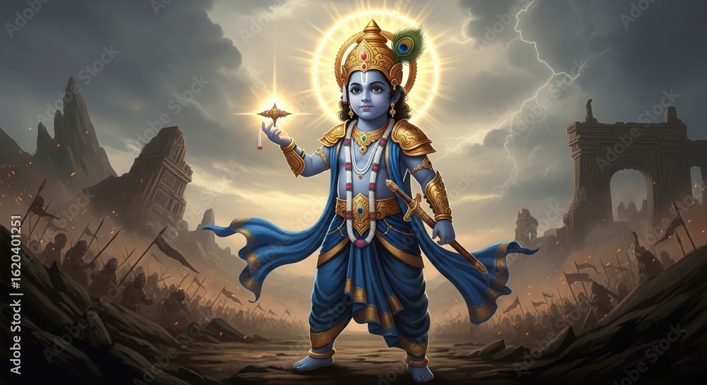 Naklejka premium Warrior Style Little Krishna with Chakra – Heroic Krishna HD Wallpaper for Desktop & Tablet