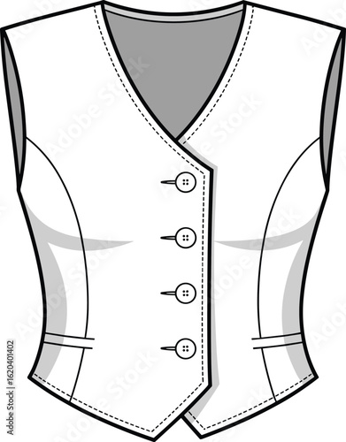Sleeveless button-up vest template with a V-neck and asymmetrical closure, ideal for fashion design and apparel mock-ups.