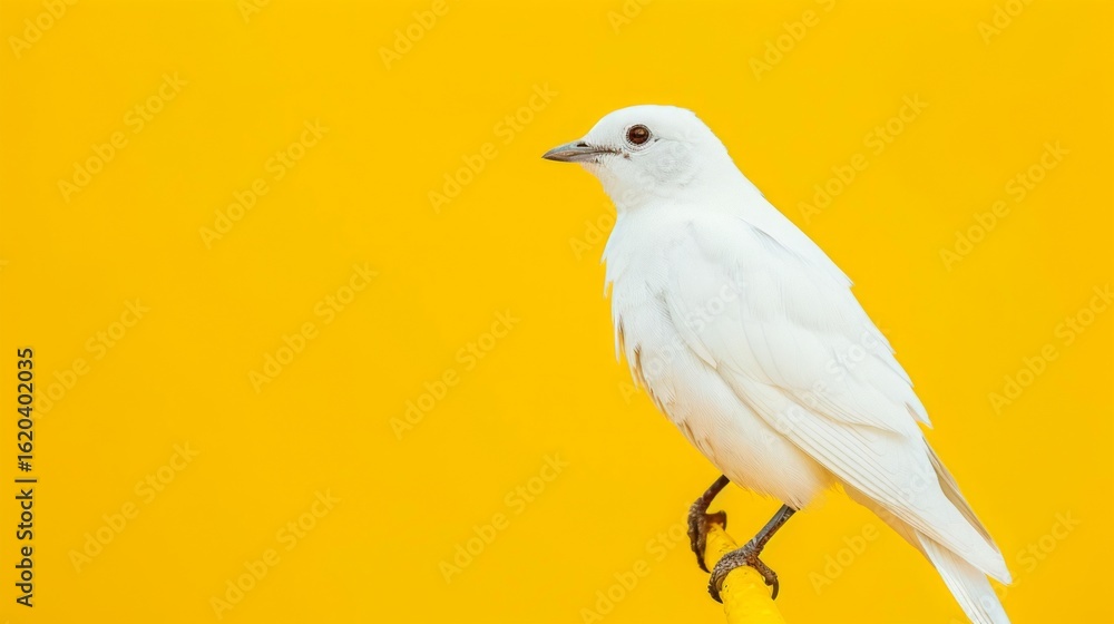 Fototapeta premium White bird perched on vibrant yellow backdrop, minimalistic, isolated subject, sharp focus