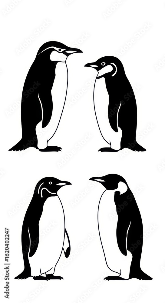 Fototapeta premium Four penguins in black and white isolated on white background