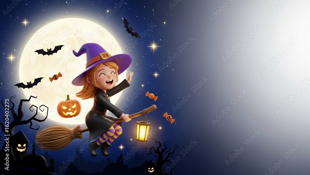 Naklejka premium Cute cartoon witch girl flying on broomstick under full moon with Halloween pumpkins, bats, and candies. Spooky night sky background with empty space for text on the right.