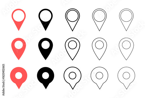 Modern Map Pin and Location Marker Icon Set with Navigation Symbols and Destination Elements for Wayfinding and Travel Design