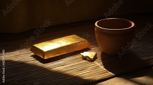 Golden Bar Next to Clay Pot on Wooden Mat in Soft Natural Light