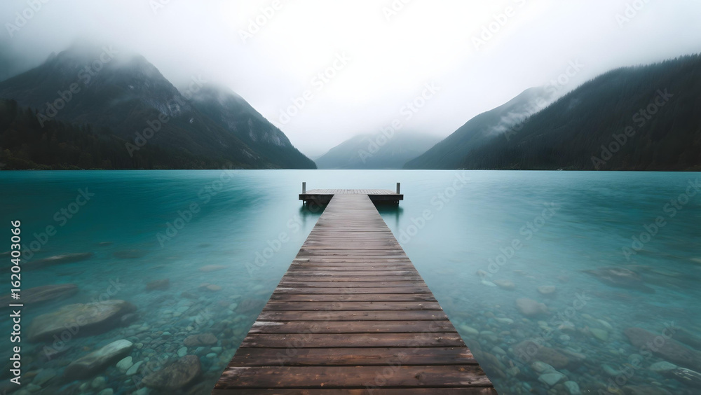 Obraz premium Symmetrical landscape of a wooden dock over clear turquoise water, foggy mountains, and soft light.