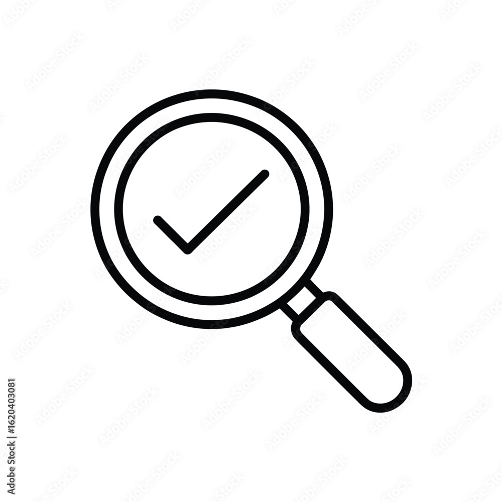 Magnifying glass with check mark icon for verification and approval Magnifying glass with check mark icon for verification and approval