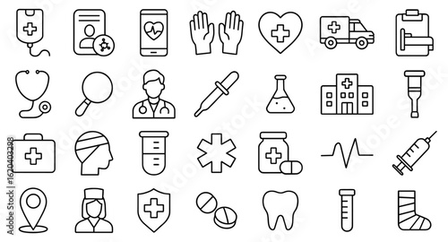 Medical healthcare icons set with hospital ambulance and doctor symbols line art in minimalistic style depicting health concepts and clinic services isolated on white background