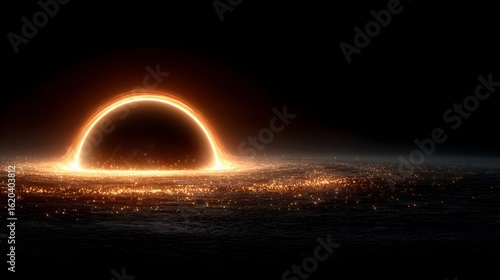 An awe-inspiring black hole with swirling galaxy dust provides a cosmic backdrop. Perfect for science, technology, and futuristic design projects. High-impact visual.