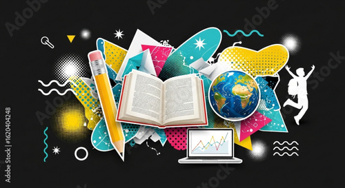 Creative education learning background with book globe pencil and laptop for online courses and school 100
