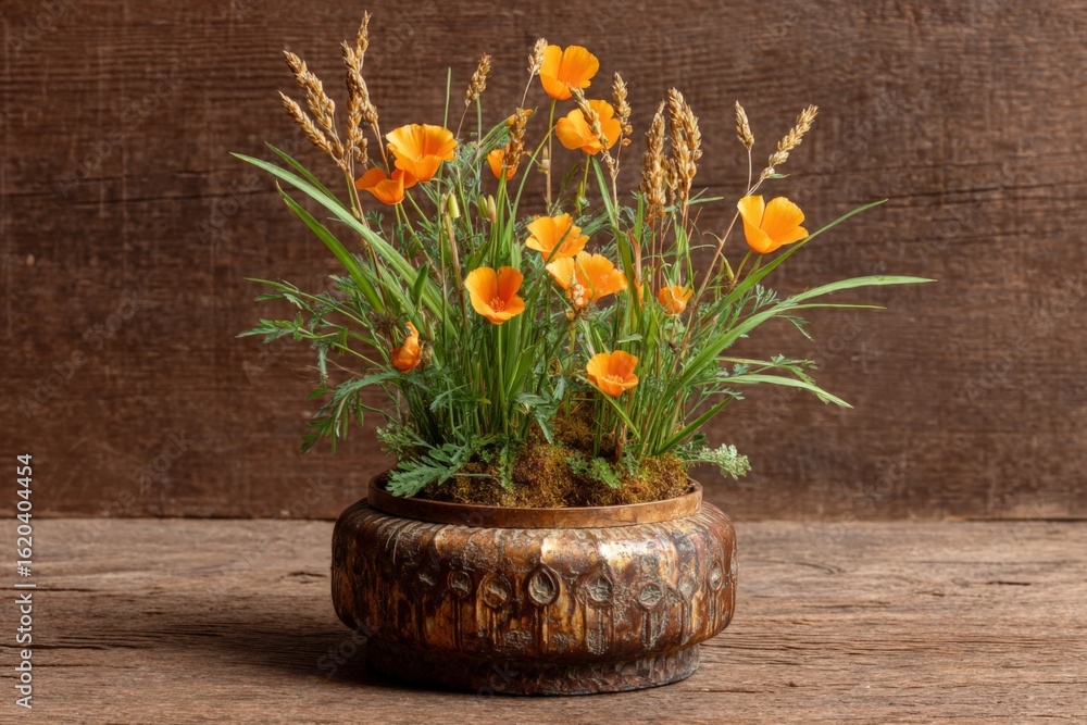 custom made wallpaper toronto digitalBright orange wildflowers arranged in an ornamental pot on a rustic wooden surface, showcasing nature's beauty indoors during the daytime