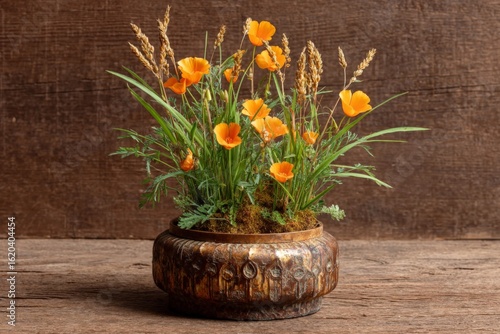Wallpaper Mural Bright orange wildflowers arranged in an ornamental pot on a rustic wooden surface, showcasing nature's beauty indoors during the daytime Torontodigital.ca