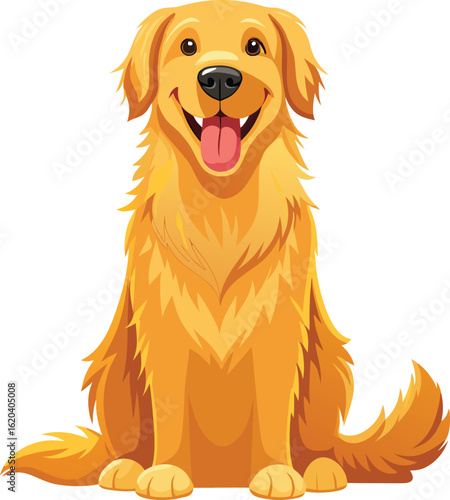 Adorable Golden Retriever Dog Sitting, Happy Expression, Cartoon Style Illustration, Pet Animal, White Background