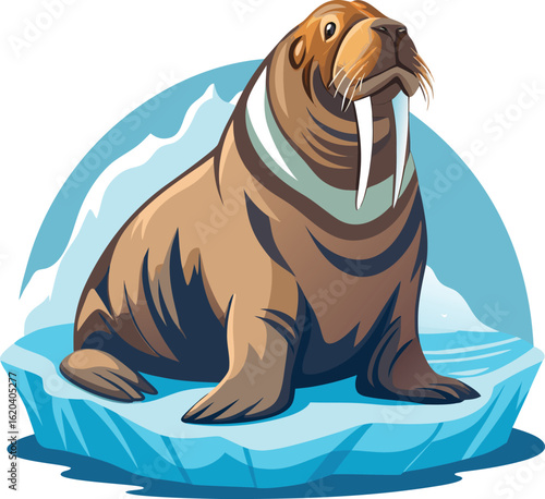 Majestic Walrus on Ice Floe, Arctic Animal Illustration, Wildlife Design, Cartoon Style
