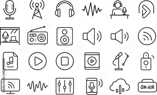 Podcast and Radio Line Icons Set – Microphone, Headphones, Waveform, Sound Mixer, Broadcast – No Text Outline Vector Icons