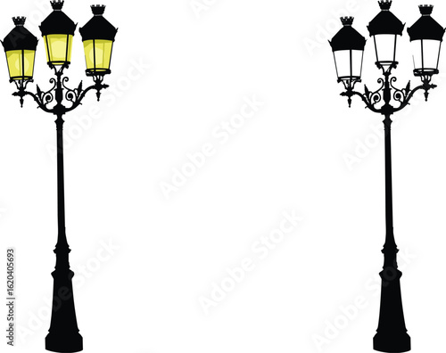 ornate street lamp duo, glowing and unlit lanterns, elegant design elements, classical lighting silhouettes, cad drawing flat vector illustration