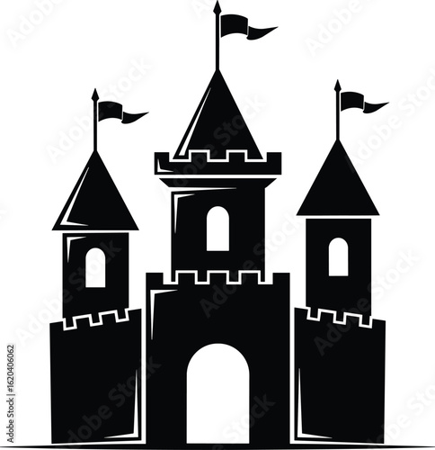 Silhouette castle with three towers, flags, crenellations, arched gate, medieval fortress, fantasy building, cad drawing flat vector illustration