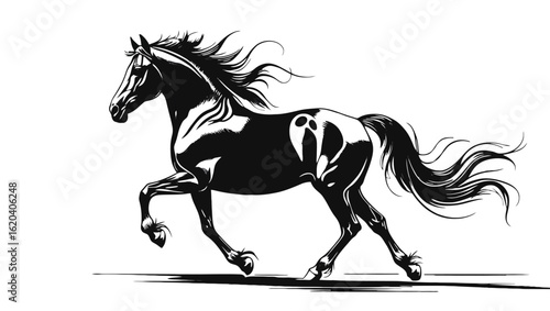 Graceful Trotting Horse - Sleek Black Silhouette with Flowing Mane, Elegant Motion Pose - EPS, SVG
