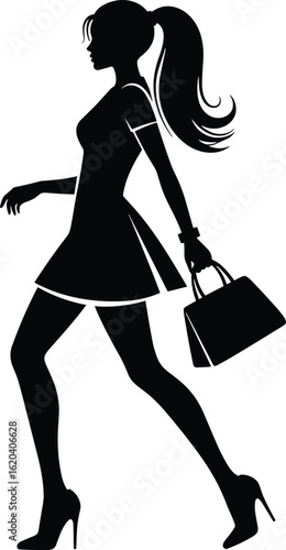 Stylish silhouette woman walking, ponytail, short dress, handbag pose, high heels, fashionable movement, cad drawing flat vector illustration
