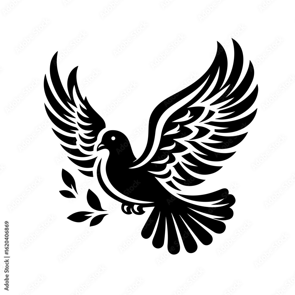 Obraz premium Black Silhouette of a Dove with Olive Branch.