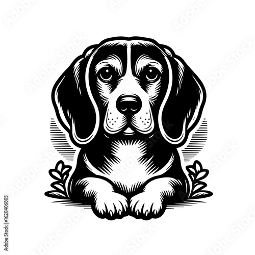 Black and White Beagle Dog Portrait Illustration.