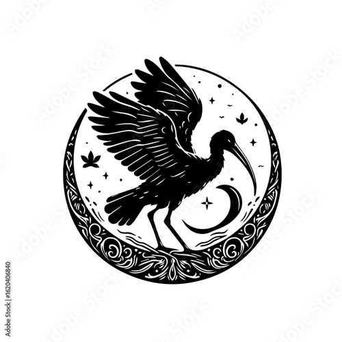 Black Ibis Bird with Crescent Moon and Stars.