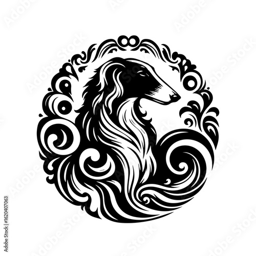 Elegant Borzoi Dog in Ornate Circular Design.