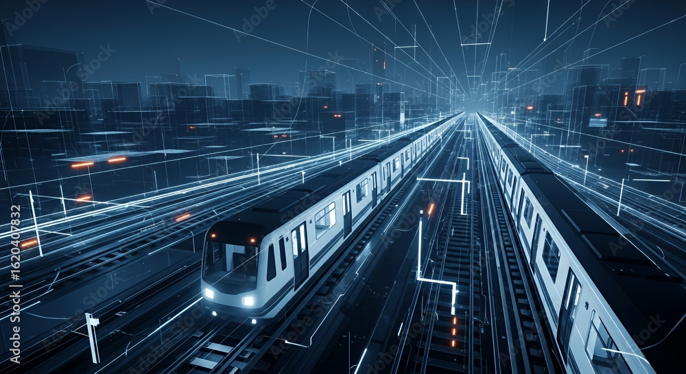 Obraz premium Futuristic Modern Subway Train Moving Through Digital Cityscape at Night