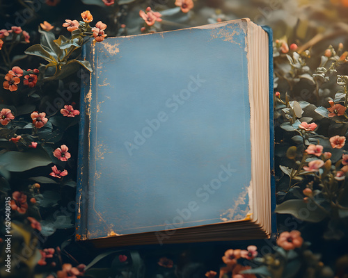 Vintage blue journal resting in a magical flower garden, a serene background for writing and mental wellbeing.