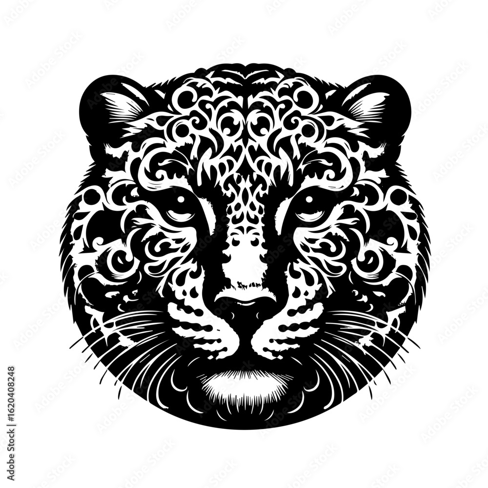 Fototapeta premium Stylized Black and White Leopard Face with Ornate Patterns.