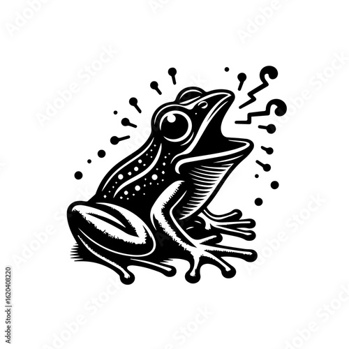 Stylized Black and White Frog Croaking.