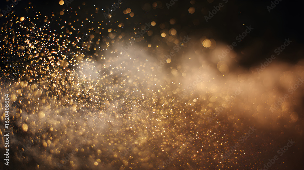 Obraz premium **Golden dust particles suspended in a dark space, illuminated by soft lighting for an ethereal effect
