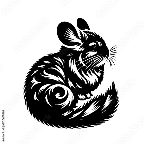Stylized Black Chinchilla Silhouette with Swirls.
