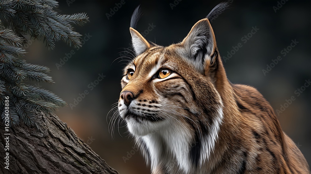 Fototapeta premium A lynx gazing from behind ferns in a shadowy forest area, soft background blur and high detail on the lynxa??s fur and eyes