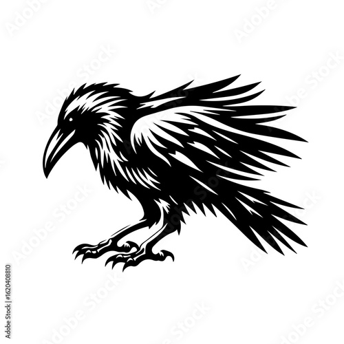 Stylized Black Raven Silhouette with Sharp Feathers.