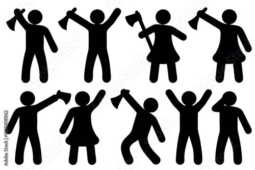 Several black silhouette figures enthusiastically raising arms and brandishing axes against a white background