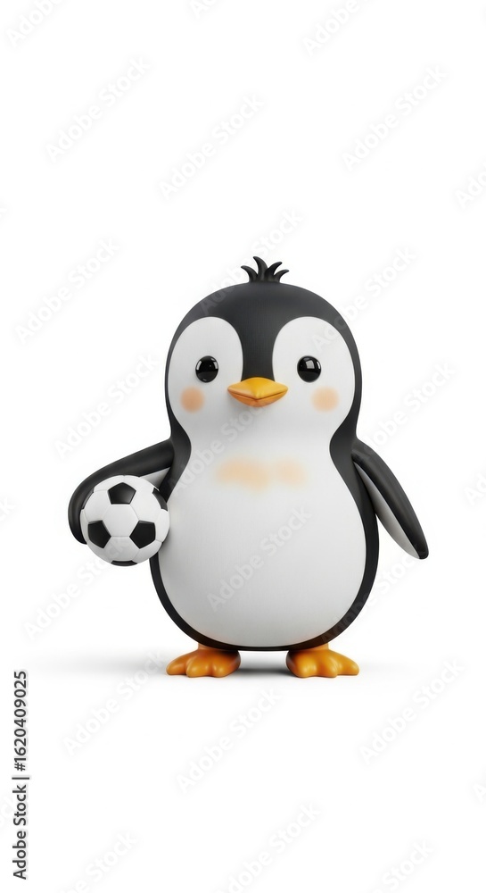 Fototapeta premium Cute penguin cartoon character holding a soccer ball isolated on white background