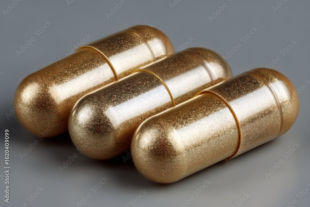 Three golden capsules arranged symmetrically on a gray surface against a neutral background Three golden capsules arranged symmetrically on a gray surface against a neutral background