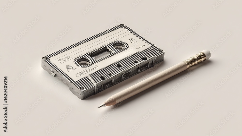 Fototapeta premium Retro Audio Cassette Tape and Pencil on a Clean Background Still Life